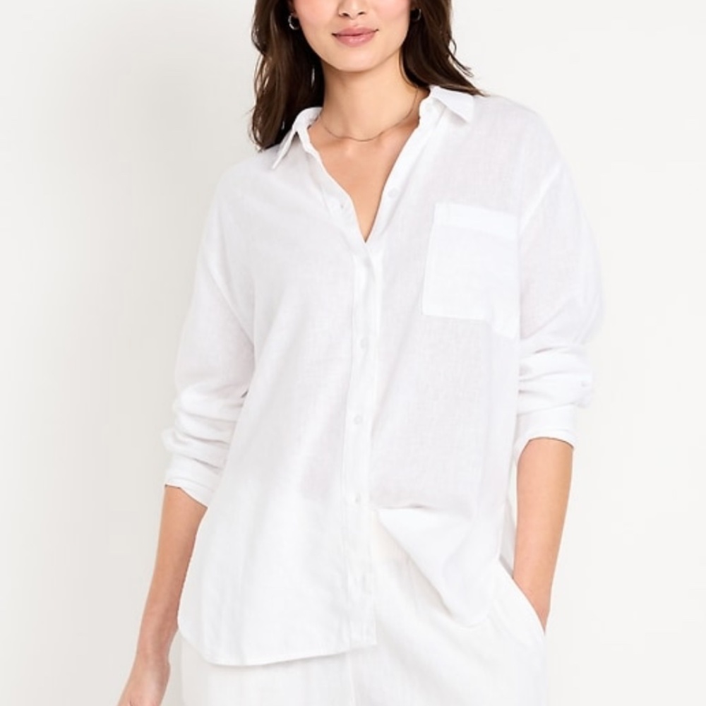 Old Navy Linen Blend Boyfriend Fit Button-down Shirt White Medium Tall